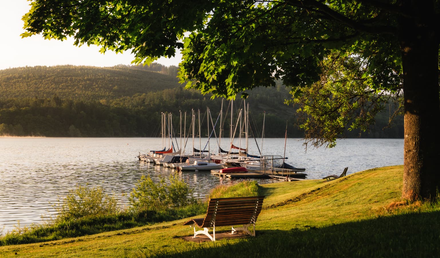 Bank an der Liegewiese mit Blick auf die Steganlage im Abendlicht